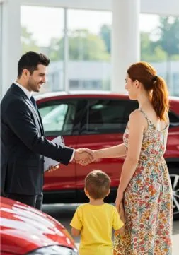 Family making a deal on a new vehicle and shaking hands